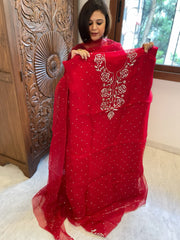 Reddish Maroon Suit Set with Mukaish Badla Handwork in Pure Organza