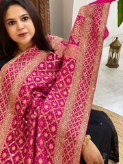 Pink Handwoven NeemZari Bareek Bandhani with Sequin, Dabka Handwork in Pure Georgette