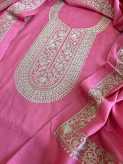 Peachish Pink Winter Suit Set with Aari Work in Pashmina Wool