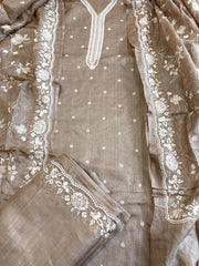 Gold Suit Set with Thread Embroidery in Pure Tussar Silk