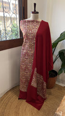 Crimson Red Winter Suit Set with Aari Work in Pashmina Wool