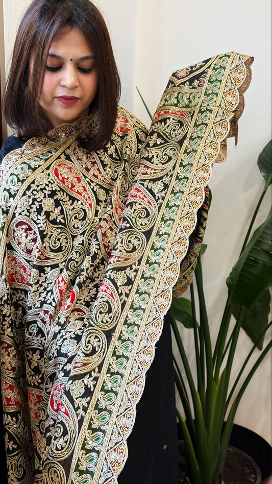 Black Chinon Dupatta with Aari Embroidery