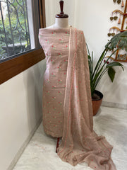 Antique Rose Suit Set with Thread Embroidery in Pure Mul