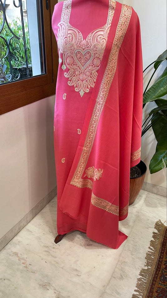 Pink Winter Suit Set with Aari Work in Pashmina Wool