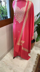 Pink Winter Suit Set with Aari Work in Pashmina Wool