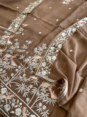 Brown Suit Set with Parsi Gara Embroidery Dupatta in Mul Cotton