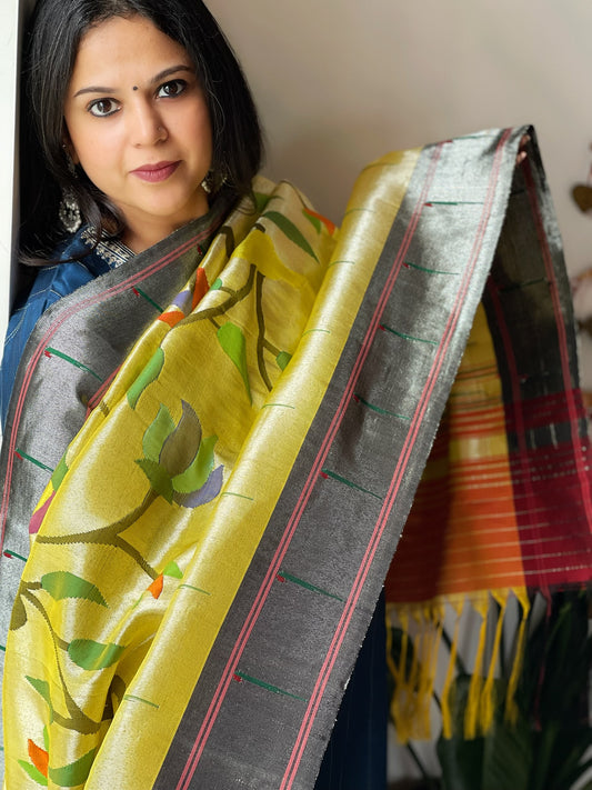 Yellowish Gold Handwoven Zari Jaal Paithani Dupatta in Pure Silk