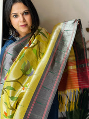 Yellowish Gold Handwoven Zari Jaal Paithani Dupatta in Pure Silk