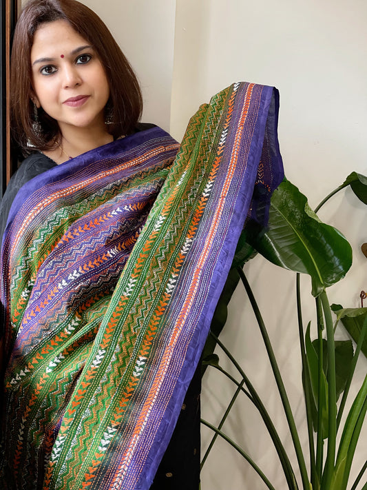 Blue and Green Handmade Kantha Dupatta in Silk