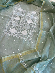 Greenish Grey Suit Set with Pearl, Cut Daana and Lucknowi Thread Handwork  in Pure Mul Chanderi