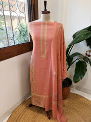 Peachish Pink Winter Suit Set with Aari Work in Pashmina Wool