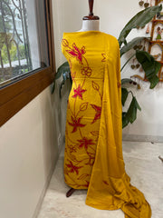 Mustard Yellow Crepe Suit Set With Knot & Sequin Handwork