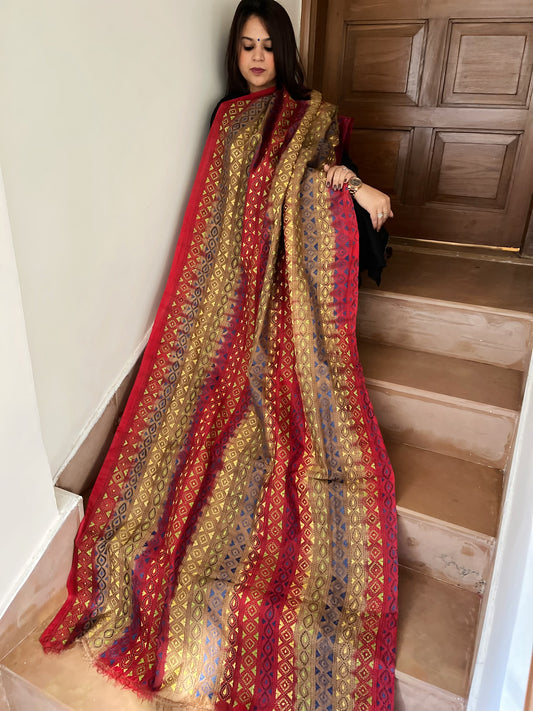 Brown, Red Handmade Kantha Dupatta in Silk
