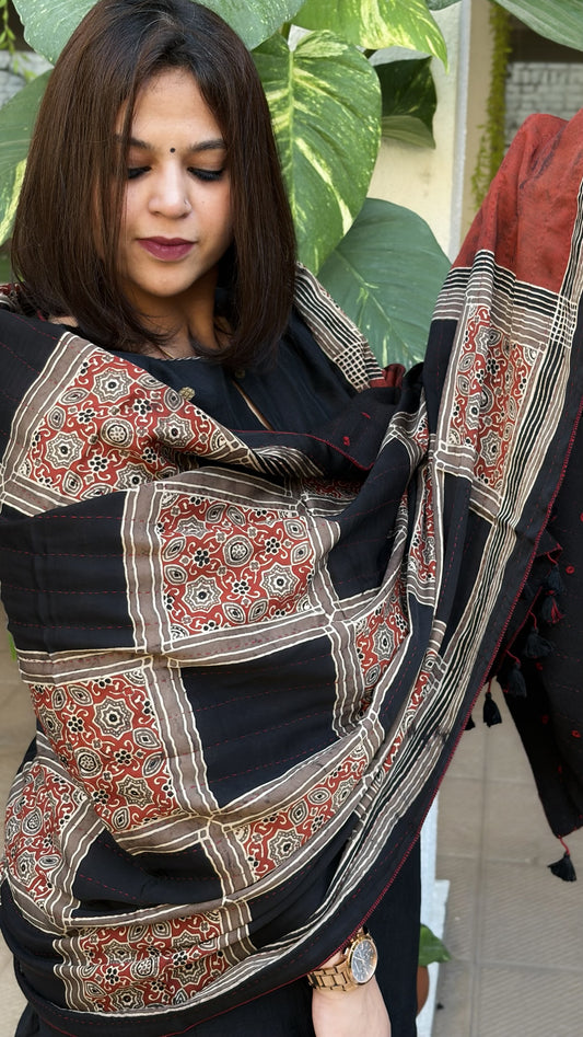 Black, Kashish Ajrakh Handblock Printed Silk-Woollen Shawl