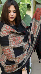 Black, Kashish Ajrakh Handblock Printed Silk-Woollen Shawl