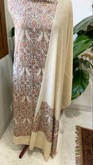 Dark Cream Winter Suit Set with Aari Work in Pashmina Wool