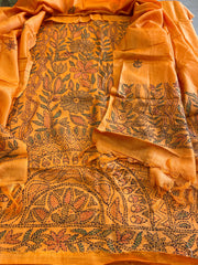 Orangish Yellow Suit Set with Kantha Handwork in Pure Tussar Silk
