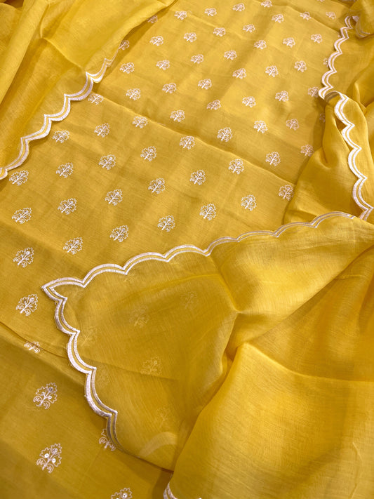 Yellow Suit Set with Gold Thread & Sequin Work in Pure Mul