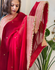 Red Chiffon Georgette Dupatta with Sequin Buta and Heavy Embroidered Border