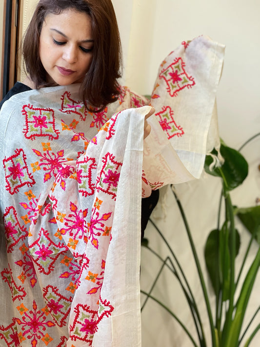 Tussar Silk dupatta with Patola Style Thread Embroidery