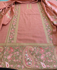 Peachish Pink Winter Suit Set with Aari Work in Pashmina Wool