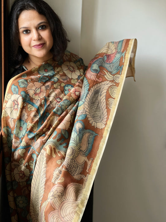Handpainted Kalamkari Dupatta in Chanderi Silk