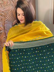 Bottle Green Handwoven Kadwa Banarasi with Hand Bandhani Suit Set in Pure Silk