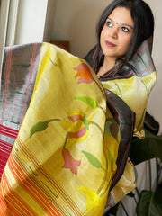 Yellowish Gold Handwoven Zari Jaal Paithani Dupatta in Pure Silk