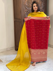 Red Handwoven Kadwa Banarasi with Hand Bandhani Suit Set in Pure Silk