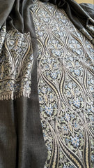 Dark Grey Winter Suit Set with Aari Work in Pashmina Wool