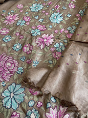 Golden Brown Suit Set with Cross-Stitch Embroidery in Pure Tussar Silk
