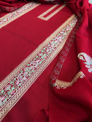 Red Winter Suit Set with Aari Work in Pashmina Wool