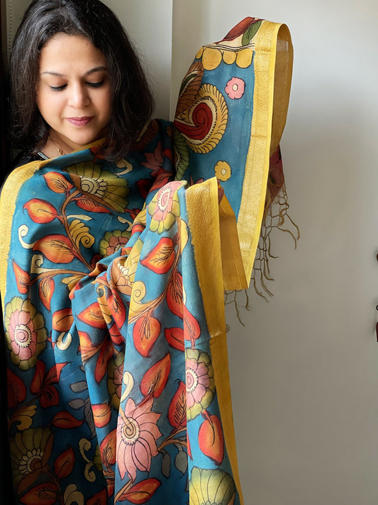 Handpainted Kalamkari Dupatta in Chanderi Silk