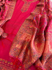 Pink Suit Set with Handwoven Kaani and Zari in Pure Silk
