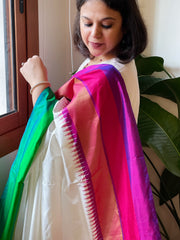 Ivory Handwoven Ikat Saree in Pure Silk with Ganga-Jamuna Border