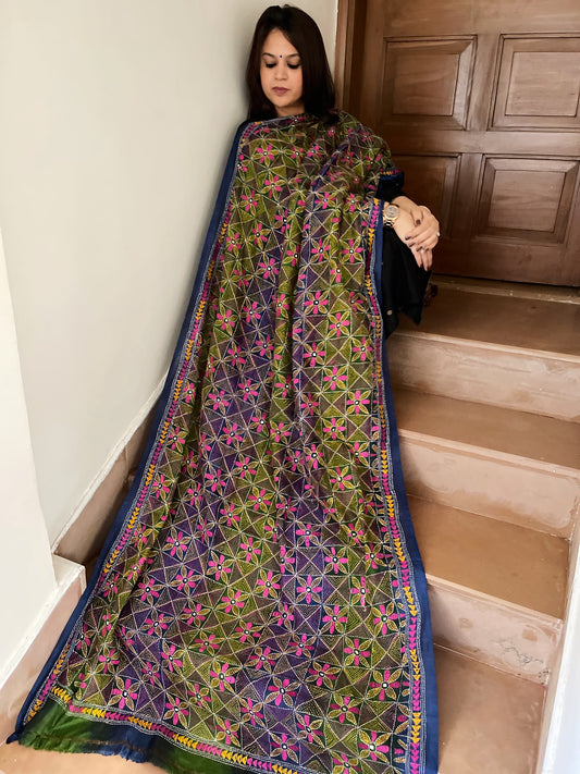 Blue, Green Handmade Kantha Dupatta in Silk