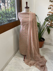 Antique Rose Suit Set with Thread Embroidery in Pure Mul