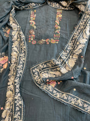 Teal Blue Suit Set with Thread Handwork and Parsi Gara Dupatta in Mul Cotton