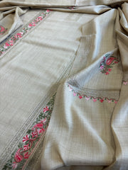 Cream Winter Suit Set with Aari Work in Pashmina Wool