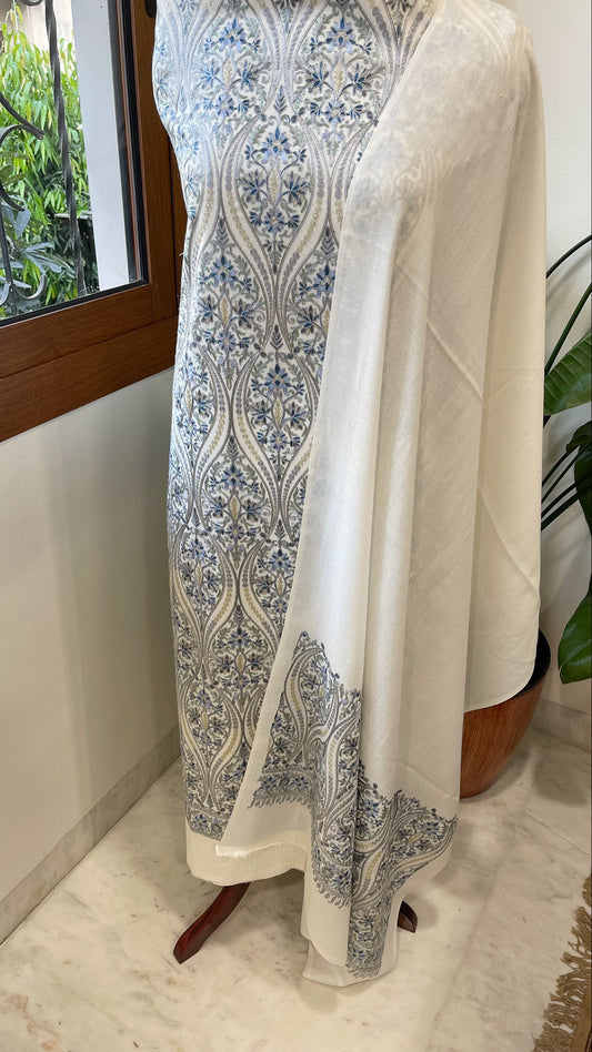 White Winter Suit Set with Aari Work in Pashmina Wool