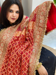 Tomato Red Handwoven NeemZari Bareek Bandhani with Sequin, Dabka Handwork in Pure Georgette