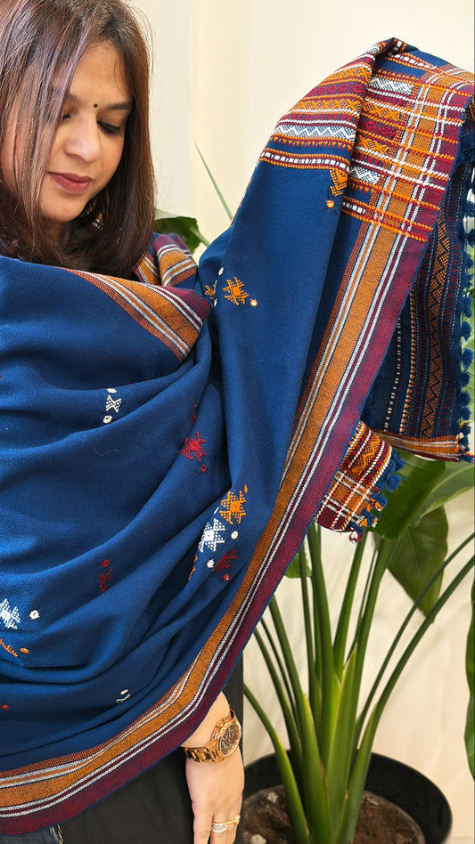 Teal Blue Handwoven Woollen Shawl with Mirror Handwork