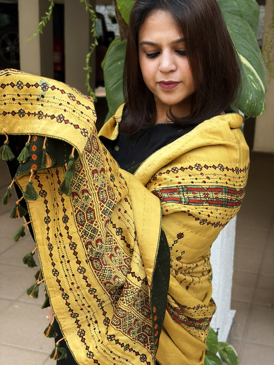 Yellow Ajrakh Handblock Printed Silk-Woollen Shawl
