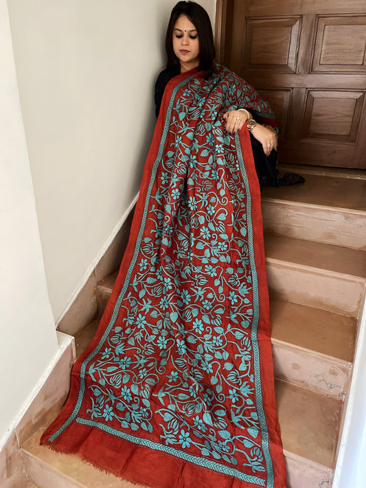 Rust Handmade Nakshi Kantha Dupatta in Silk