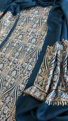 Teal Blue Winter Suit Set with Aari Work in Pashmina Wool