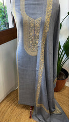 Bluish Grey Winter Suit Set with Aari Work in Pashmina Wool