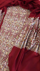 Crimson Red Winter Suit Set with Aari Work in Pashmina Wool