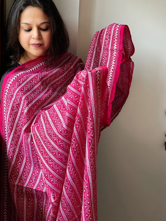 Pink Handmade Kantha Dupatta in Silk