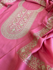 Peachish Pink Winter Suit Set with Aari Work in Pashmina Wool