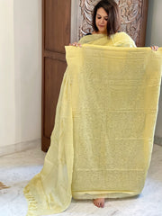 Yellow Suit Set with Lucknowi Handwork in Pure Tussar Silk